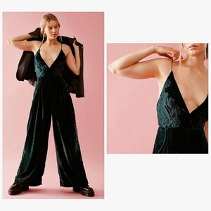 Free People Blake Velvet One-Piece Jumpsuit In Dark Green Size 4